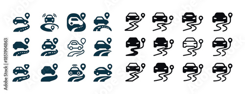 Set of autonomous vehicle icons with various navigation styles a
