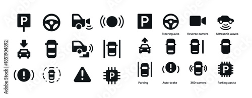 Car safety icons: parking, steering, camera, ultrasonic waves, a