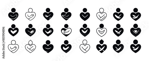 Heart icon variations: embracing figures in black and white abst