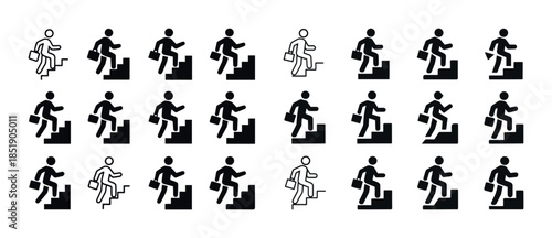 Business icons: diverse figures climbing stairs with briefcases
