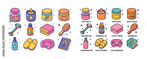 Cute skincare and spa accessories illustration with various beau