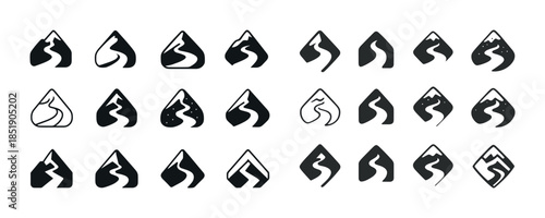 Abstract mountain and flame icons collection in black and white