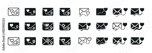 Set of black and white love letter icons with envelopes and hear