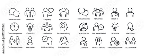 Communication and teamwork icons featuring skills like creativit