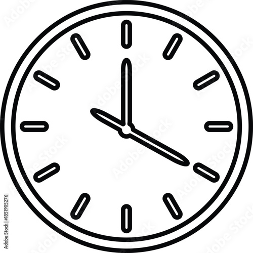 A simple black and white outline of a circular clock time is ten past two