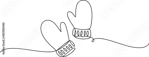 Continuous one line art of winter mittens floating in air on white background. Minimal one line art of gloves. one line Icon drawing