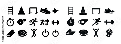 Fitness icon set with equipment, exercise, and activity symbols
