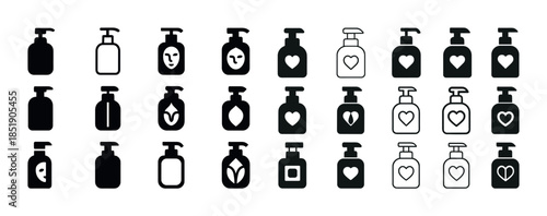 Set of black and white lotion bottle icons with various designs