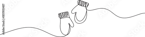 Continuous one line art of winter mittens floating in air on white background. Minimal one line art of gloves. one line Icon drawing