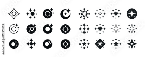 Set of 24 black star and circle icons with various geometric des