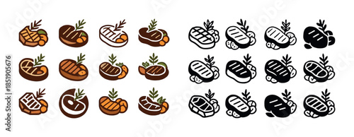 Variety of grilled steak icons in color and monochrome styles