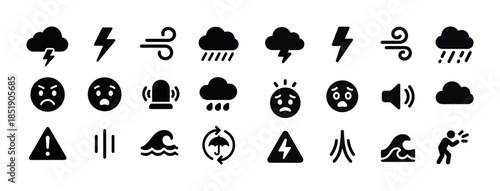 Weather and emergency icon set: storm, alert, tsunami, wind, rai