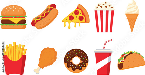 Large set of delicious fast food and junk food icons including burger pizza hot dog and fries isolated on white background.