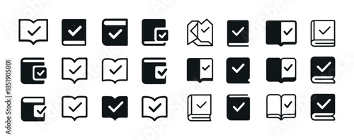 Set of book and check mark icons for digital libraries and appro