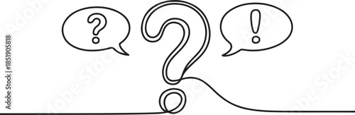 Continuous line question mark drawn single black line One line drawing vector illustration, Speech bubbles with question and exclamation mark. one line Icon drawing