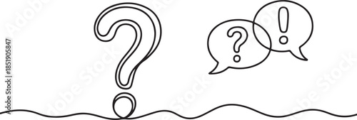 Continuous line question mark drawn single black line One line drawing vector illustration, Speech bubbles with question and exclamation mark. one line Icon drawing