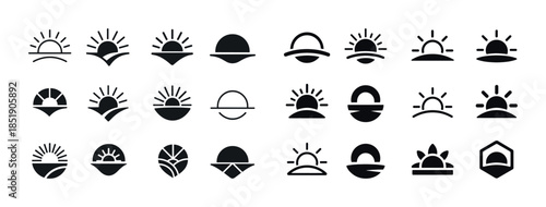 Set of sunrise and sunset icons in minimalistic black and white
