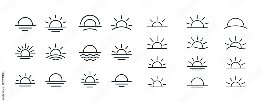 Fototapeta premium Minimalist sunrise sunset icons set with sun and horizon variati