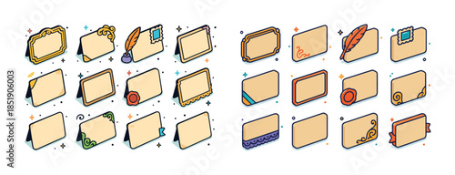 Set of colorful blank place cards with decorative frames and sym