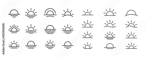 Minimalist sunrise sunset icons set with sun and horizon variati