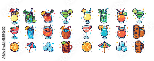 Colorful tropical cocktails collection with fruits and umbrellas