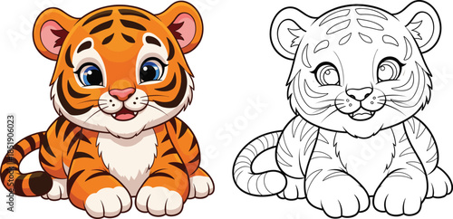 Cute cartoon baby tiger cub sitting with coloring book page line art version isolated on white background for kids education.
