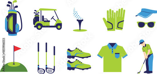 Large set of professional golf equipment icons including golf cart clubs bag ball shoes and apparel isolated on white background.