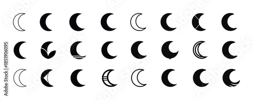 Black and white crescent moon icons set in various designs