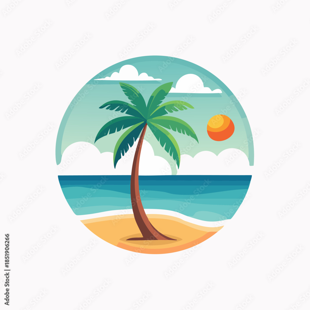 Obraz premium Tropical Beach Scene with Palm Tree and Ocean Sunset.