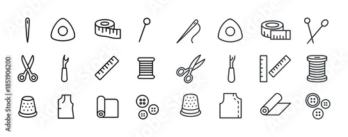 Sewing icons collection: needles, scissors, buttons, thread, thi