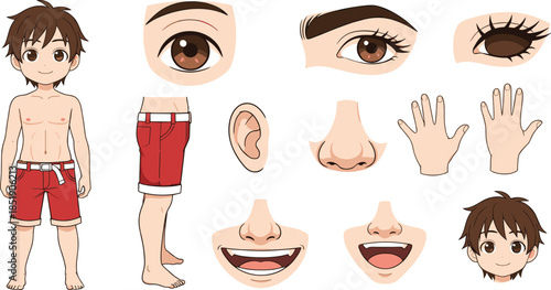 Anime boy character creator kit with body parts facial expressions eyes nose and mouth isolated on white background for animation.
