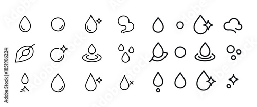 Minimalist water droplet icon set with clouds and leaves