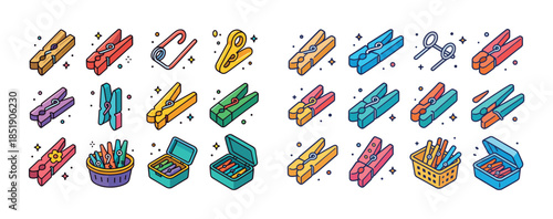 Colorful peg and sewing supplies collection with scissors and th