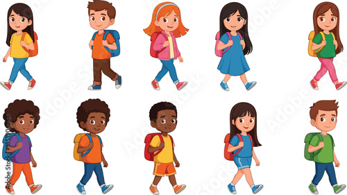 Cute cartoon school children with backpacks walking to school set of diverse boys and girls students isolated on white background.