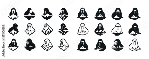Collection of walrus icons and silhouettes in various graphic st