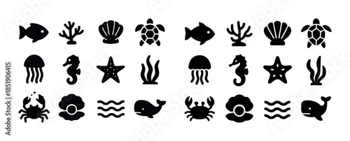 Marine life icons collection: fish, coral, shells, turtles, jell