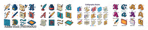 Colorful calligraphy alphabet and styles chart with tools and te