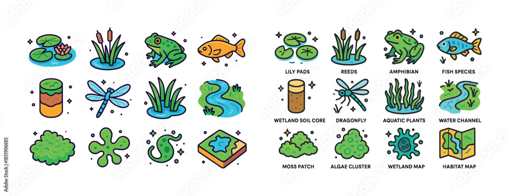 Fototapeta premium Wetland ecosystem icons: frogs, fish, plants, and stream element