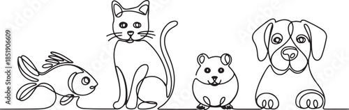 pets in one line drawing style. Fish, cat, hamster, and dog. Editable vector illustration. one line Icon drawing