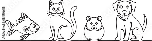 pets in one line drawing style. Fish, cat, hamster, and dog. Editable vector illustration. one line Icon drawing