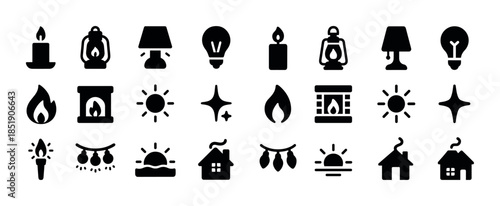 Set of 24 black energy and light source icons: candle, lantern,
