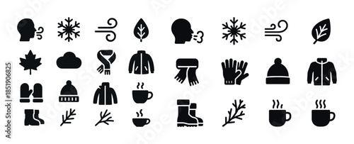 Winter and autumn icons: cold weather, clothing, drinks, nature