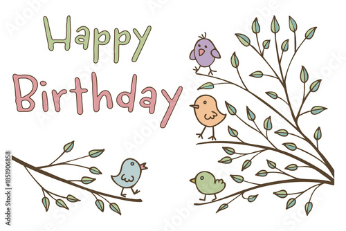 Happy birthday to you! A Spring cute and cheerful greeting card with little birds on a tree branch with spring leaves. Hand drawing doodles. Children's drawing style