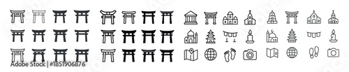 Icon set featuring torii gates, temples, churches, and travel sy