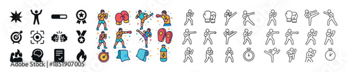 Boxing icons and illustrations: colorful and outline designs of
