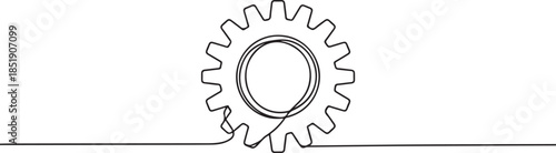 Black gear in one line art style. Gear drawing with editable stroke. one line Icon drawing