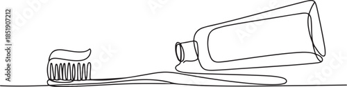 Continuous line drawing of toothbrush and toothpaste, object one line, single line art, vector illustration, Continuous one line drawing. one line Icon drawing
