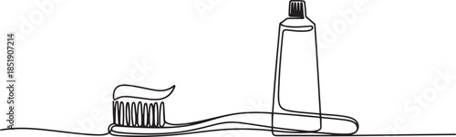 Continuous line drawing of toothbrush and toothpaste, object one line, single line art, vector illustration, Continuous one line drawing. one line Icon drawing
