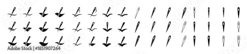 Set of 60 sewing needle icons with various designs in black silh