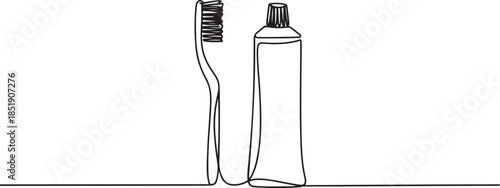 Continuous line drawing of toothbrush and toothpaste, object one line, single line art, vector illustration, Continuous one line drawing. one line Icon drawing